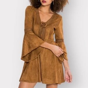 Flying Tomato | Brown Flare Bell Sleeve Faux Suede Crochet Tassel Ruffle Dress S